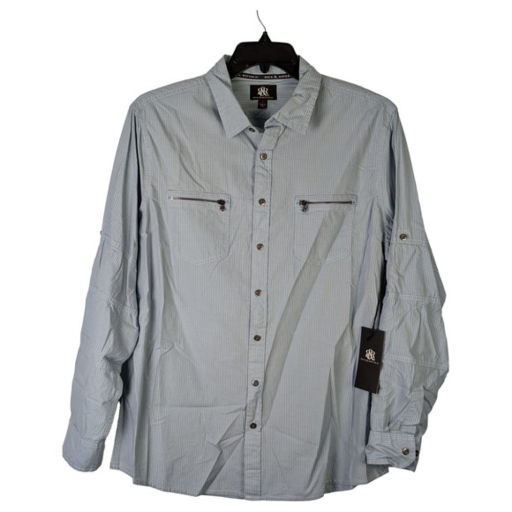 Rock & Republic Mens Shirt XL‎  Blue Striped Long Sleeve Button Stretch